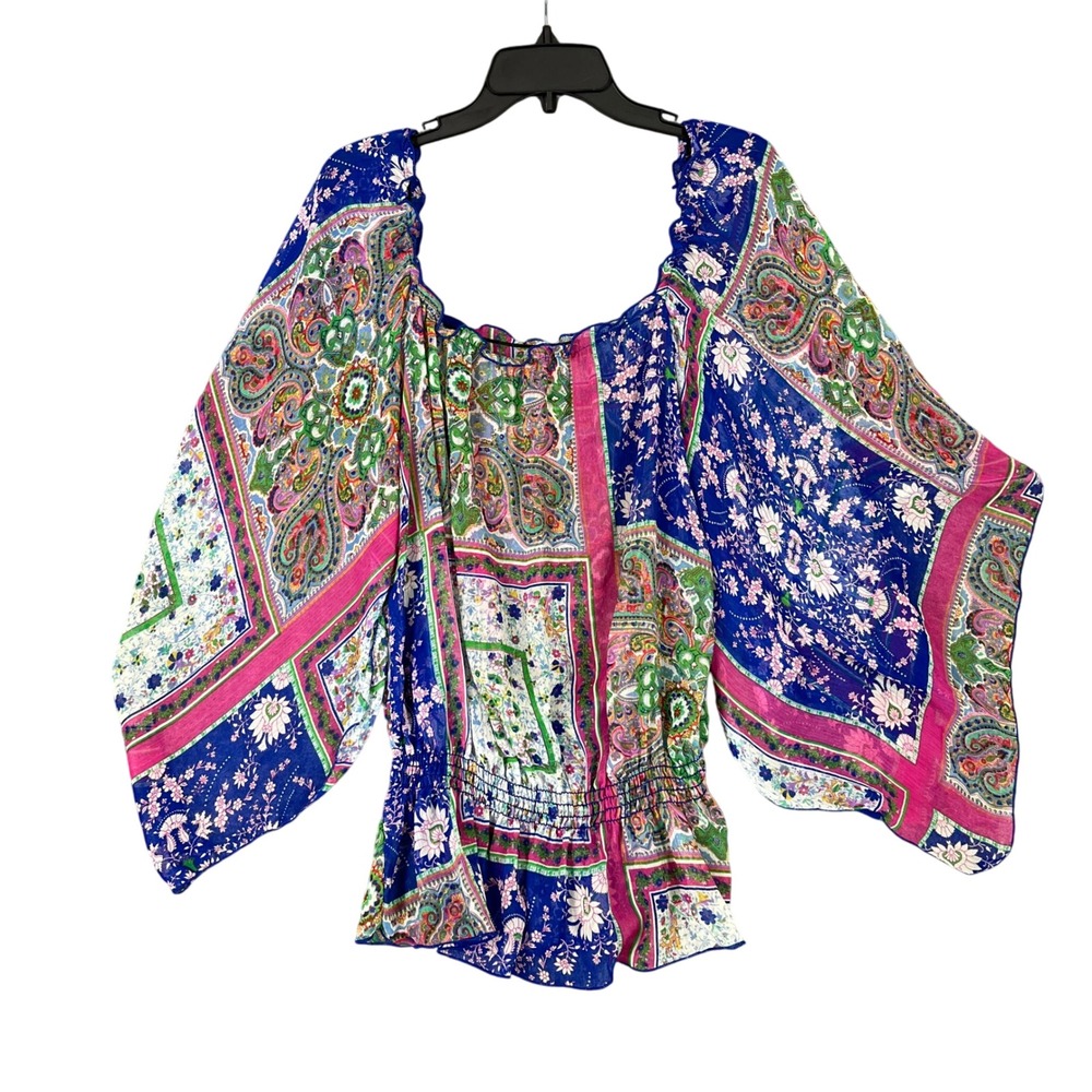 KC Blouse Size L‎ Boho Sheer Patchwork Paisley Peasant Made USA Diana Whimsigoth